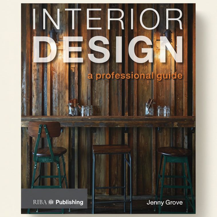 Book cover of 'Interior Design: A Professional Guide' by Jenny Grove with a wooden wall and stools in the background.