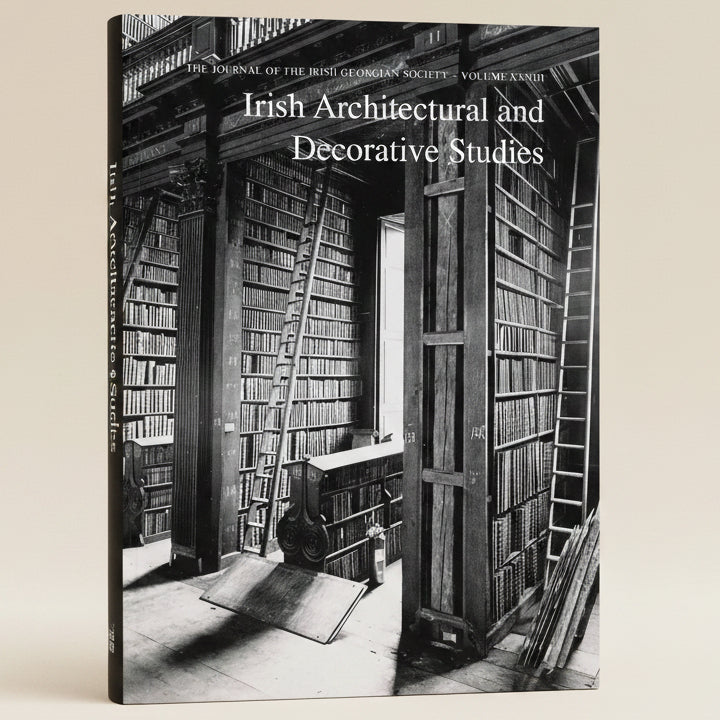 Bookshelf filled with books in a library setting, with text about Irish Architectural and Decorative Studies.