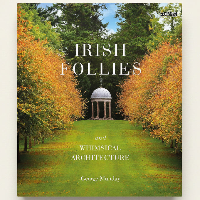 Book cover of 'Irish Follies and Whimsical Architecture' with a scenic view of trees and a building.