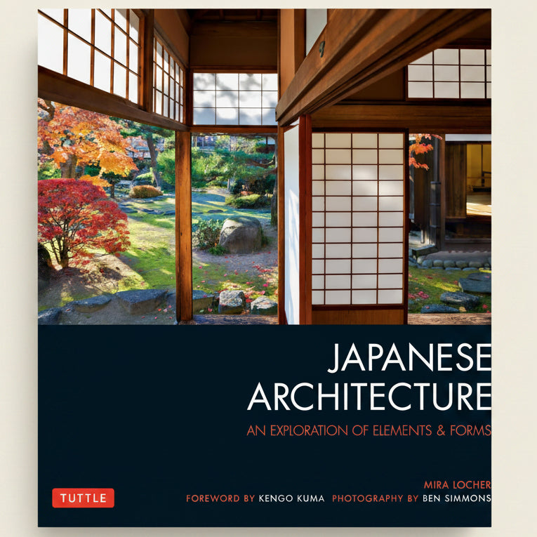 Book cover of 'Japanese Architecture' with a traditional Japanese room and garden view.