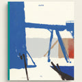 Abstract art piece with blue, white, and black elements on a white background
