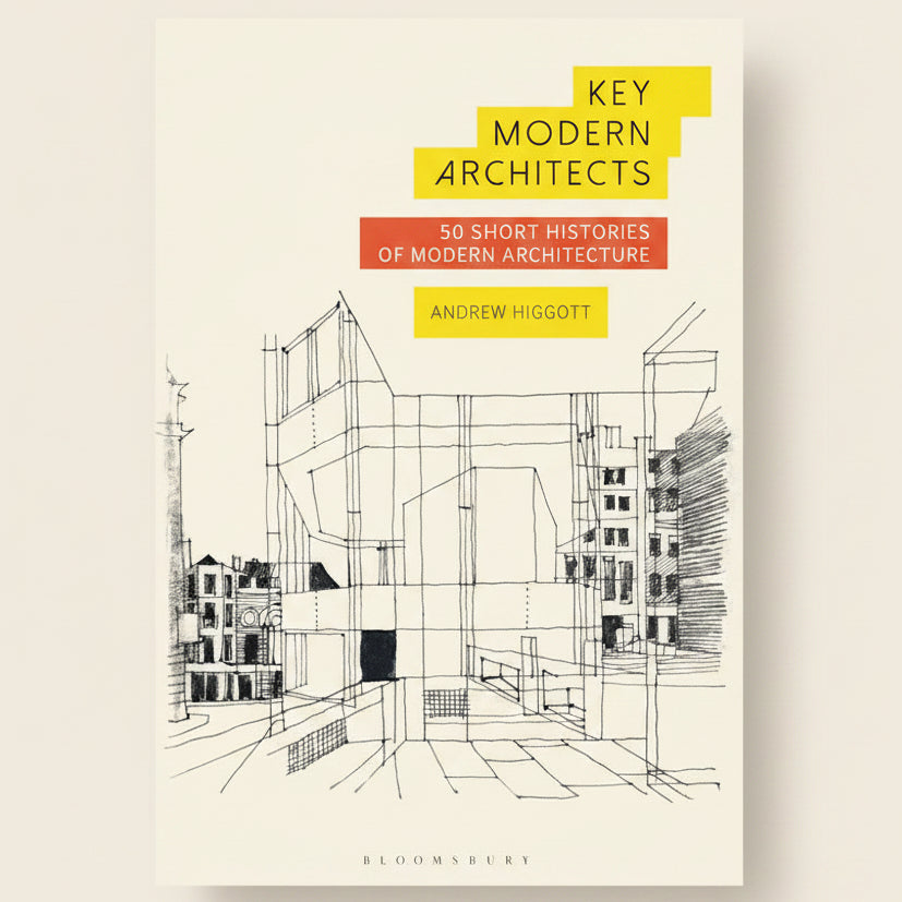 Book cover of 'Key Modern Architects' with architectural line drawings and text on a white background