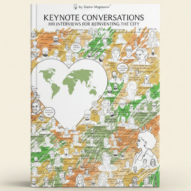 Book cover of 'Keynote Conversations' with illustrations of people and a world map.
