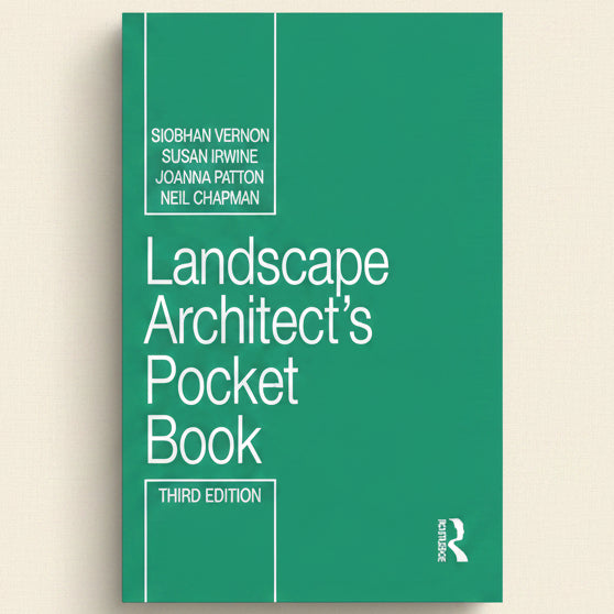 Book cover of 'Landscape Architect's Pocket Book' with author names and edition details on a green background.