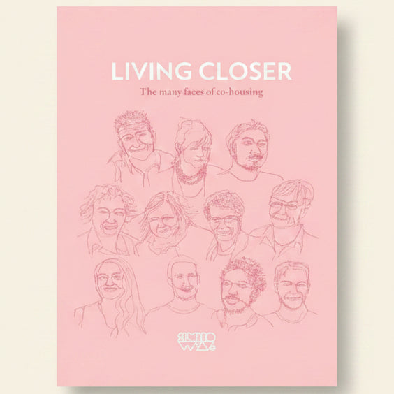 Book cover of 'Living Closer' with line drawings of people on a pink background
