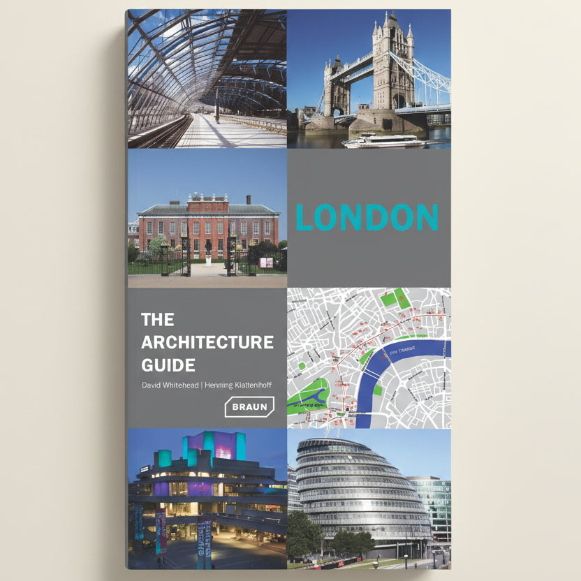 Collage of London architecture with text 'The Architecture Guide' and 'Braun' branding.