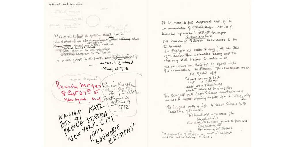 A handwritten document or notebook page with dense black ink notes, a red handwritten title, and a blue pencil date. The page includes visible text such as 'Pistil Press' and 'William Katz Trace Station New York City 100% Kolbue Editions.