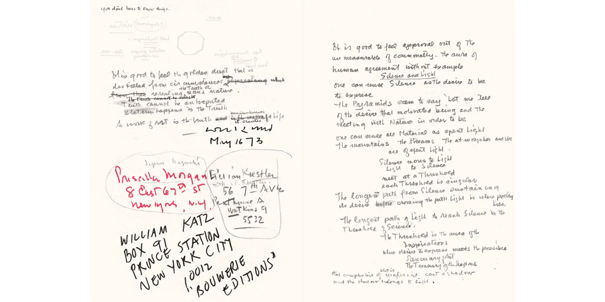 A handwritten document or notebook page with dense black ink notes, a red handwritten title, and a blue pencil date. The page includes visible text such as 'Pistil Press' and 'William Katz Trace Station New York City 100% Kolbue Editions.