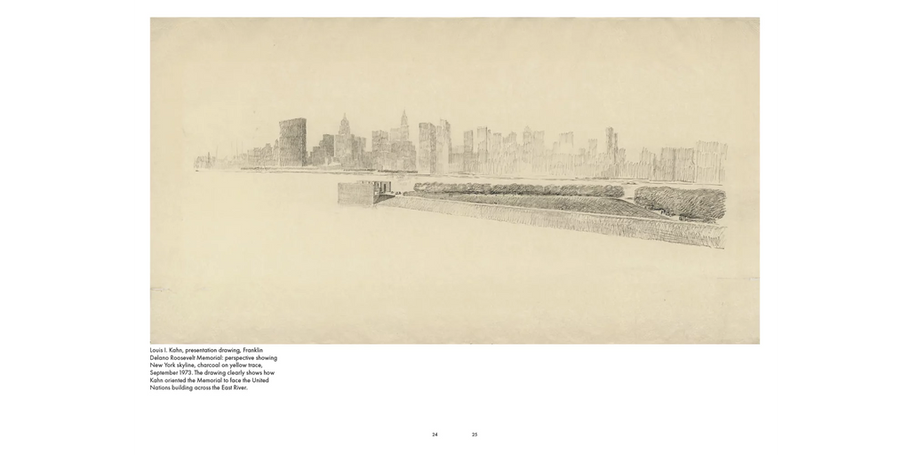 A monochrome architectural sketch print showing a city skyline and a long rectangular structure, presented on a light beige background with a block of text below the artwork.