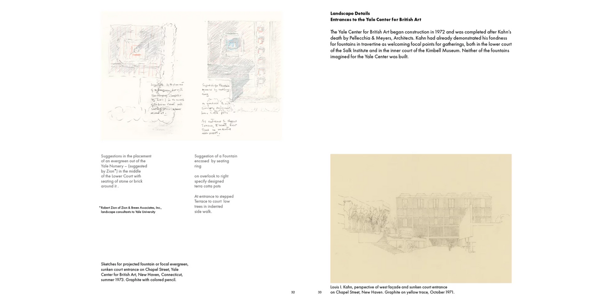 A printed page or spread from a book or catalog showing architectural sketches and explanatory text about Frank Lloyd Wright's Bethesda Center for Brick architecture, with hand-drawn diagrams and a sepia architectural rendering.