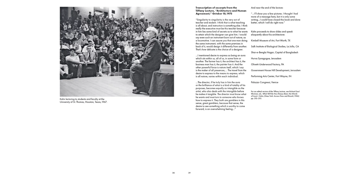 A two-page printed document or brochure spread with a black-and-white photograph on the left, dense columns of text on both pages, and a small caption at the bottom of the left page.
