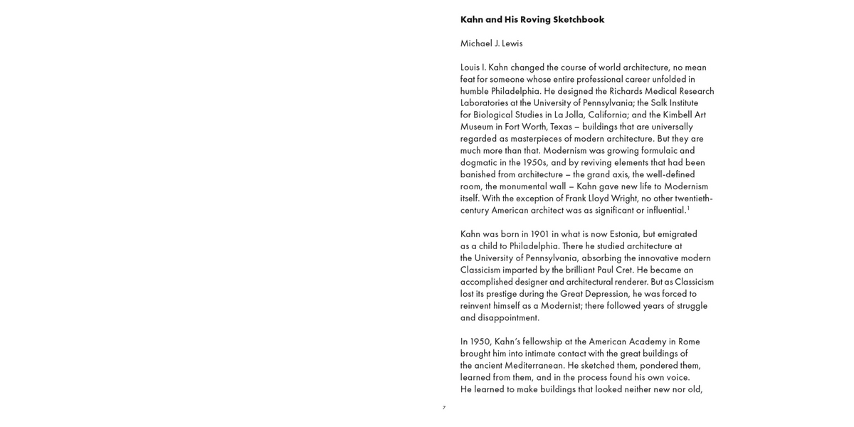 A book cover for 'Kahn and His Raving Skitbook' by Michael J. Lewis, featuring a white background with black text and a black-and-white portrait of Louis Kahn at the top right.