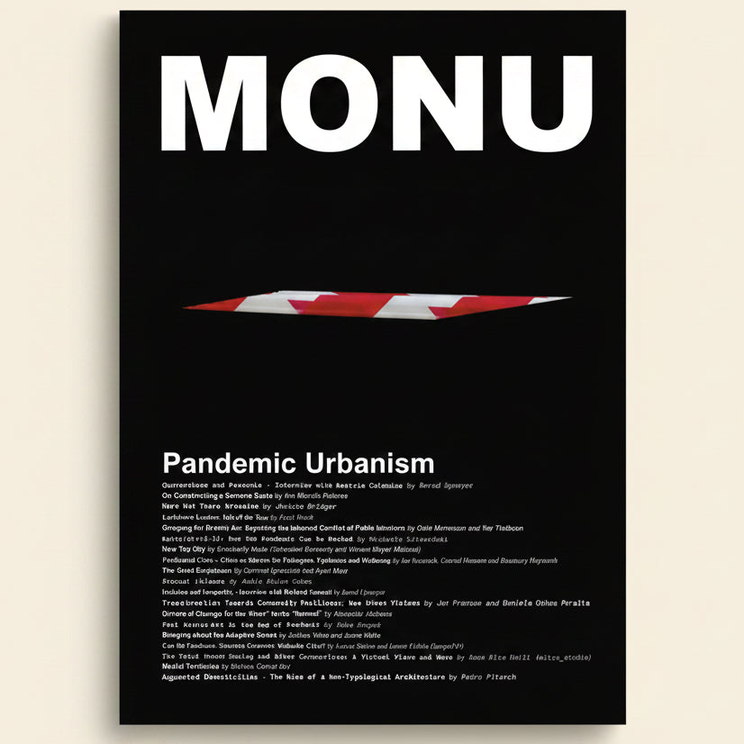 Black poster with 'MONU' and 'Pandemic Urbanism' text on a black background