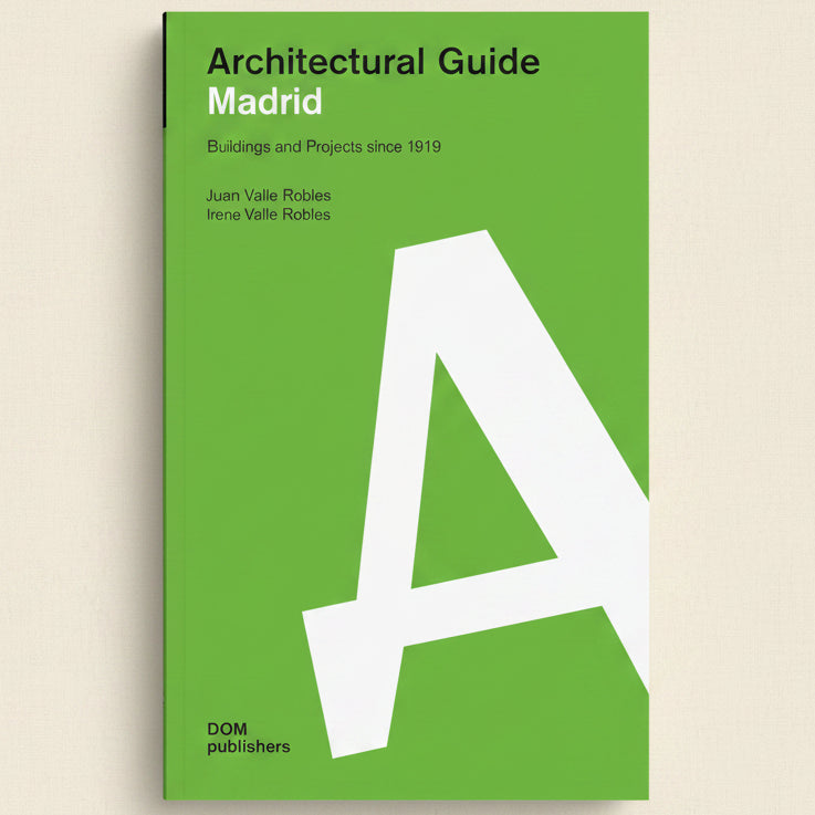 Book cover of 'Architectural Guide Madrid' with a green background and white geometric design.
