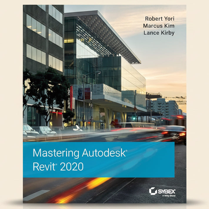 Book cover of 'Mastering Autodesk Revit 2020' with a modern building in the background.
