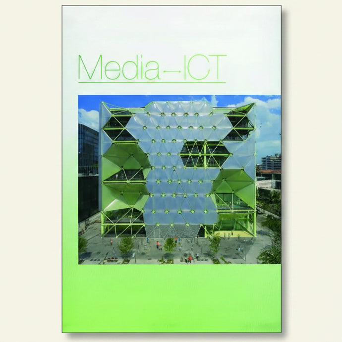 Book cover with a green building and 'Media-ICT' text on a white background