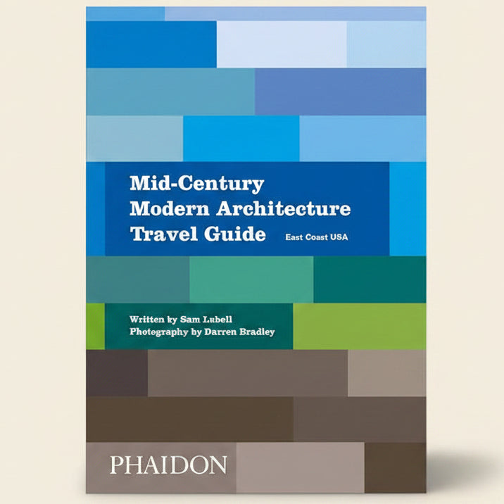 Book cover of 'Mid-Century Modern Architecture Travel Guide East Coast USA' by Phaidon with geometric color pattern.