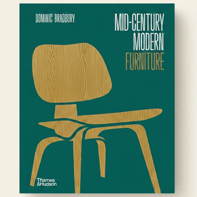 Book cover of 'Mid-Century Modern Furniture' with a wooden chair illustration on a teal background.