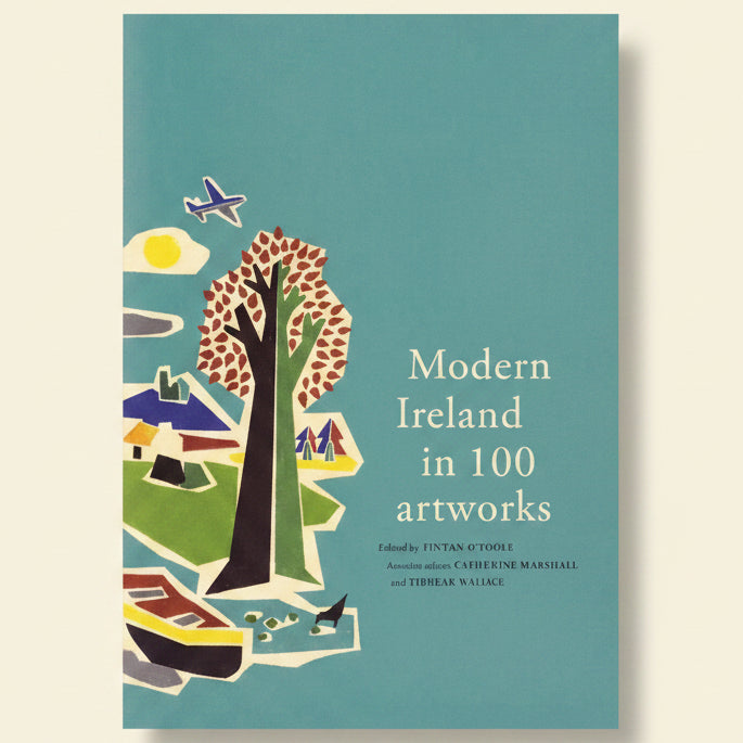 Book cover of 'Modern Ireland in 100 Artworks' with illustrations of a tree, houses, and a boat on a blue background.