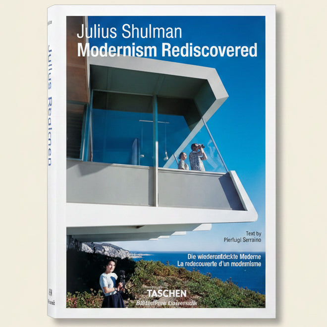 Book cover of 'Modernism Rediscovered' by Julius Shulman with architectural images and text.