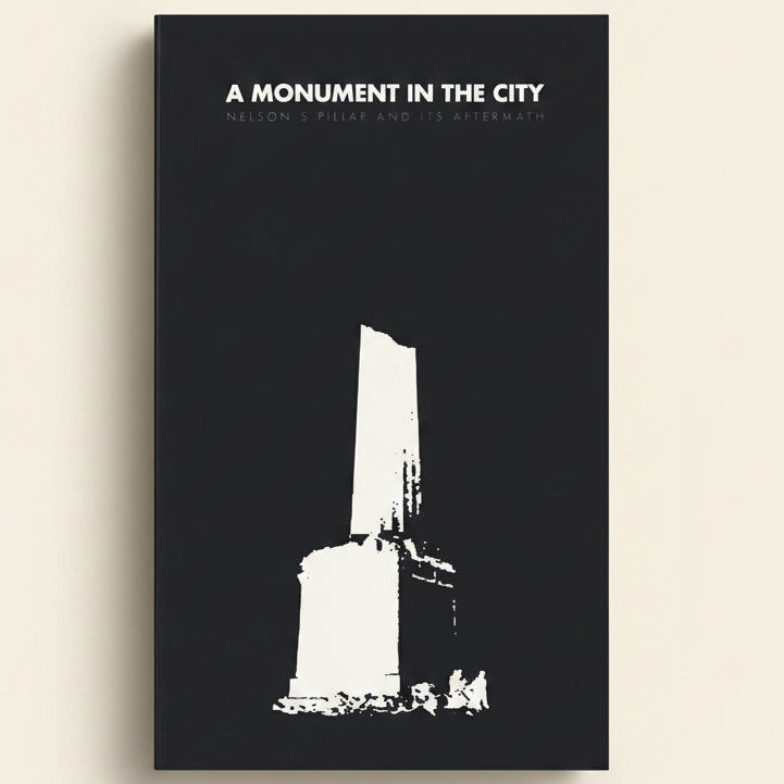 Monument silhouette on a black background with text about Nelson's Pillar and its aftermath.