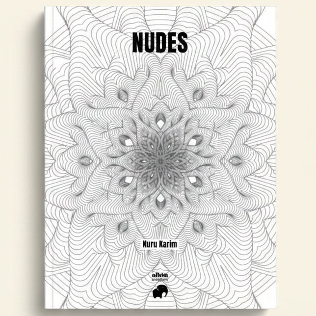 Black and white cover of a book or album titled 'NUDES' by Nuru Karim, featuring an intricate symmetrical mandala-like line pattern filling the frame.