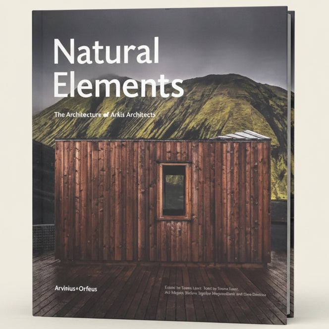 Book cover titled 'Natural Elements' with a wooden cabin and mountain background