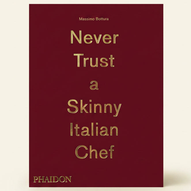 Book cover of 'Never Trust a Skinny Italian Chef' with gold text on a red background