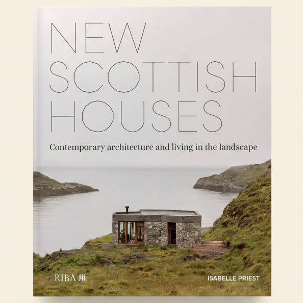 Book cover of 'New Scottish Houses' with a stone house on a cliff overlooking water.