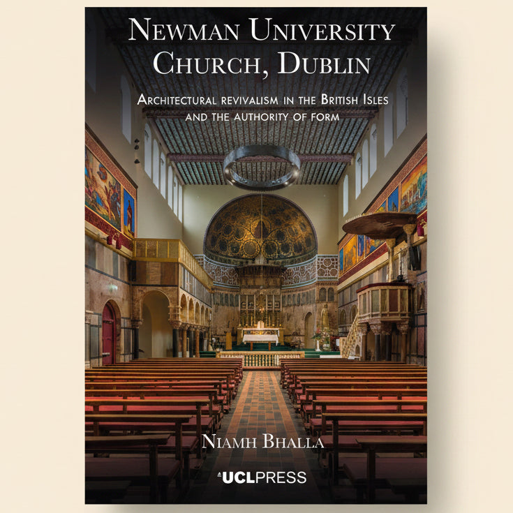 Interior of Newman University Church, Dublin with architectural details and UCL Press branding.