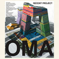 Colorful architectural model with 'OMA' branding and project list on a white background