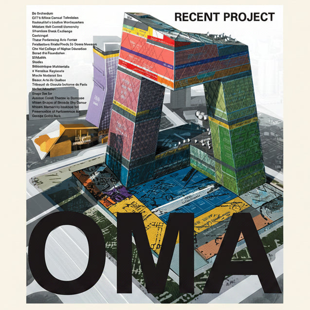 Colorful architectural model with 'OMA' branding and project list on a white background