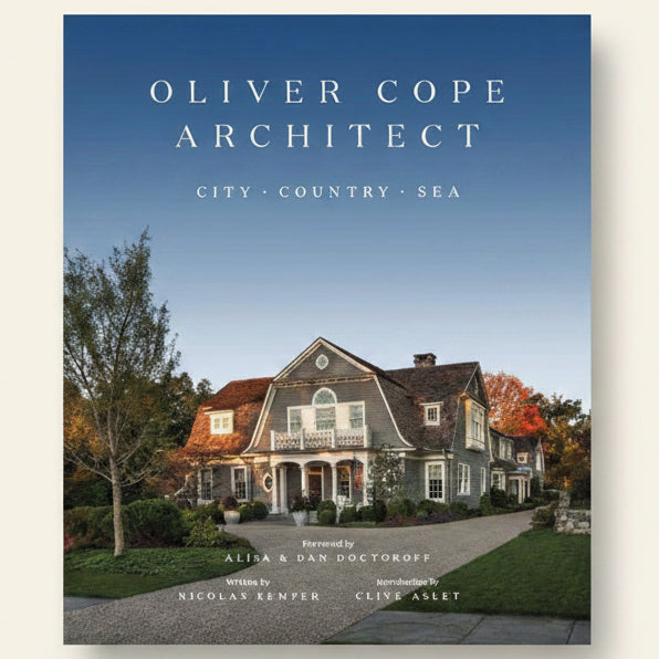 Book cover of 'Oliver Cope Architect' with a house and landscape on a blue background