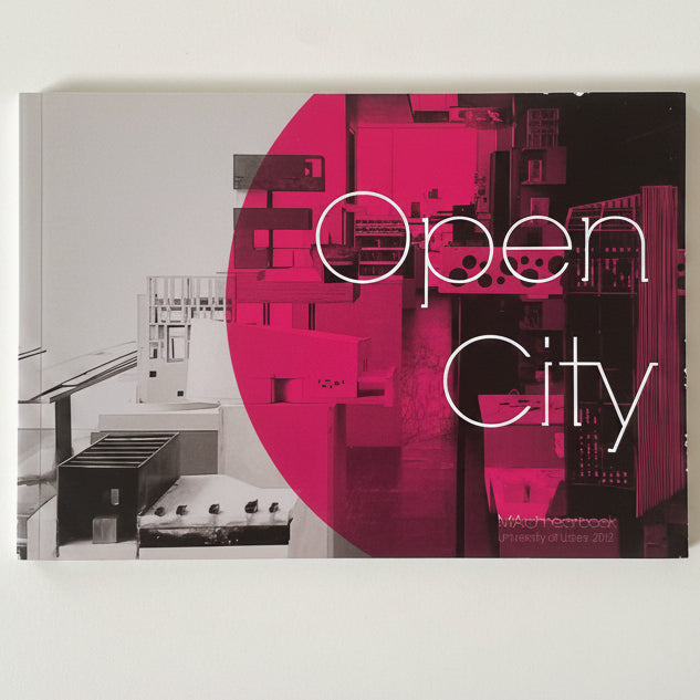 Book titled 'Open City' with a pink and black cover design on a white background