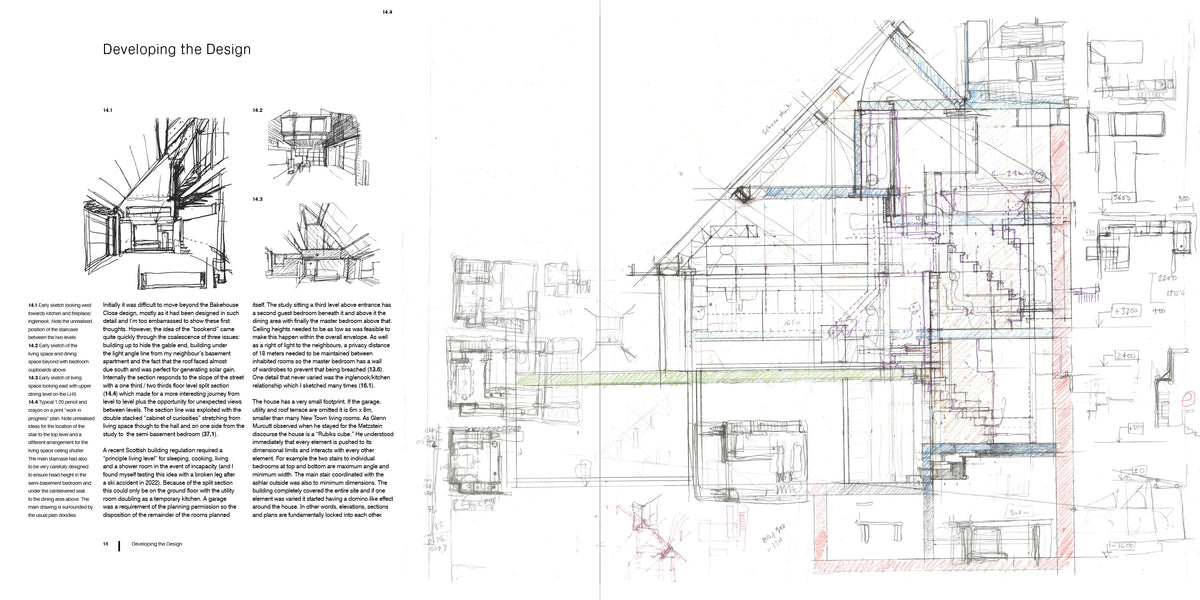 An open book spread showing architectural design text and hand-drawn technical sketches, including a large blue-lined floor plan and smaller section drawings on a white page.