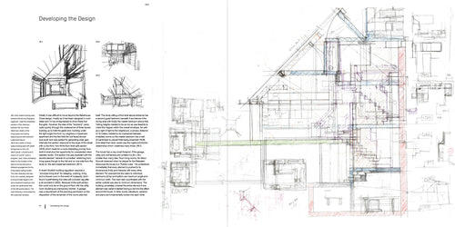 An open book spread showing architectural design text and hand-drawn technical sketches, including a large blue-lined floor plan and smaller section drawings on a white page.