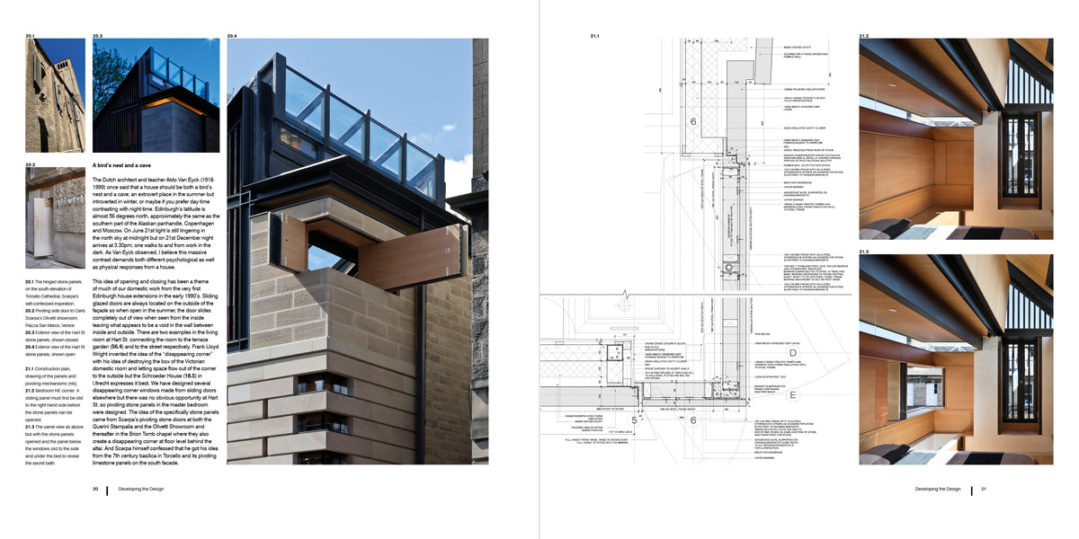 A two-page spread from an architectural publication or book, featuring a large exterior photograph of a modern building facade with brick and glass, a section drawing with technical measurements, and smaller interior photos on a white page background.