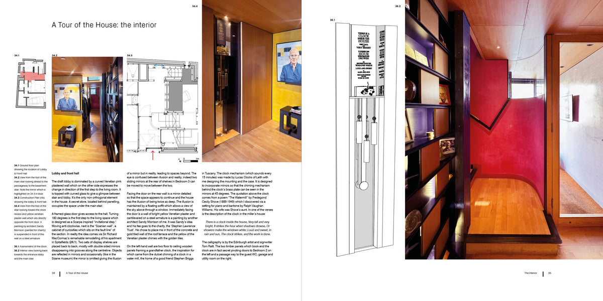 A two-page spread from an interior design magazine or book, showing architectural interior photographs, floor plans, and descriptive text. The pages feature a modern home interior with wood flooring, built-in shelving, and a vivid pink accent wall.