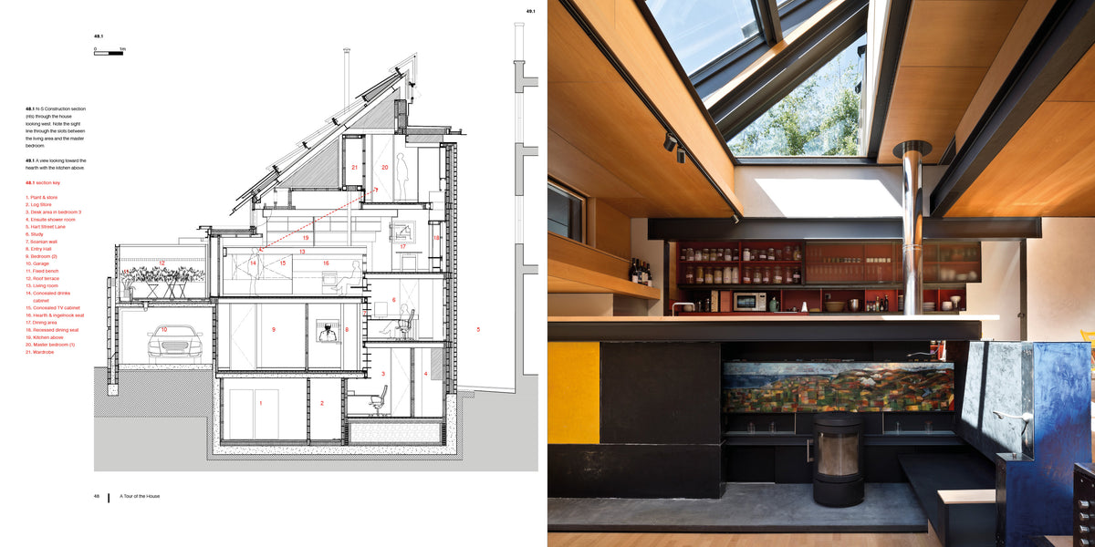A split image showing an architectural cross-section floor plan on the left and a modern interior design photo of a bar and lounge space on the right.