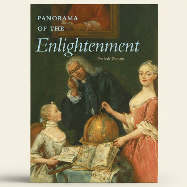 Book cover of 'Panorama of the Enlightenment' with classical painting of people around a globe.