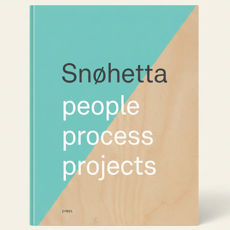 Book cover with 'Snöhetta people process projects' text on a teal and beige background
