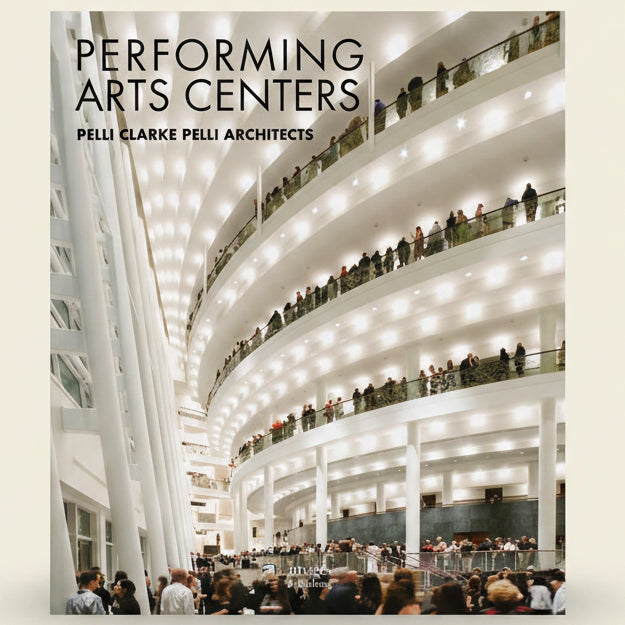 Performing arts center with people on multiple levels, Pelli Clarke Pelli Architects branding.