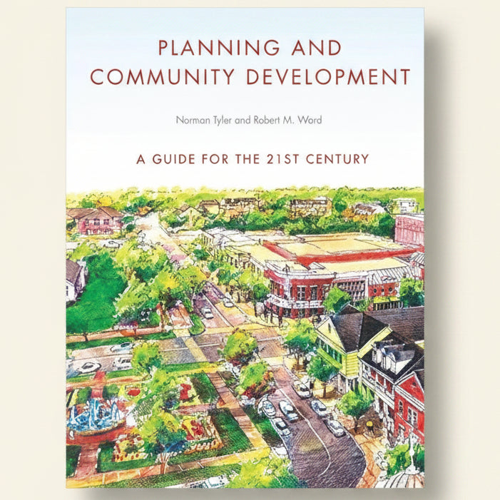 Book cover of 'Planning and Community Development: A Guide for the 21st Century' with an illustration of a town square.