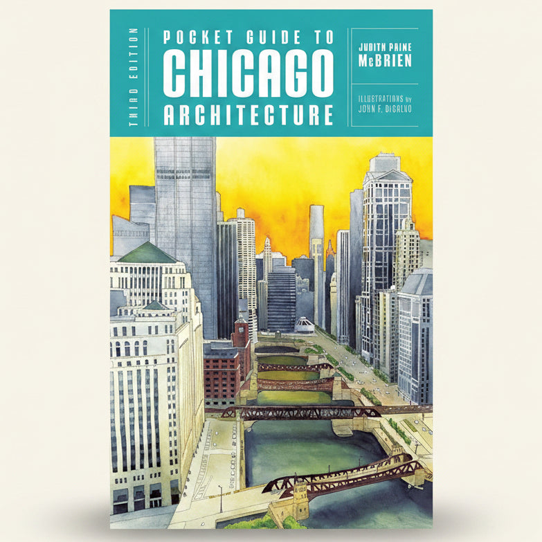 Book cover of 'Pocket Guide to Chicago Architecture' with a cityscape illustration.