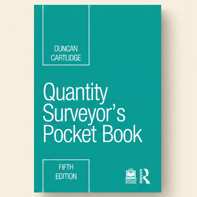 Front cover of the book 'Quantity Surveyor's Pocket Book, Fifth Edition' by Duncan Cartlidge, featuring a solid teal background with white text and publisher logos.