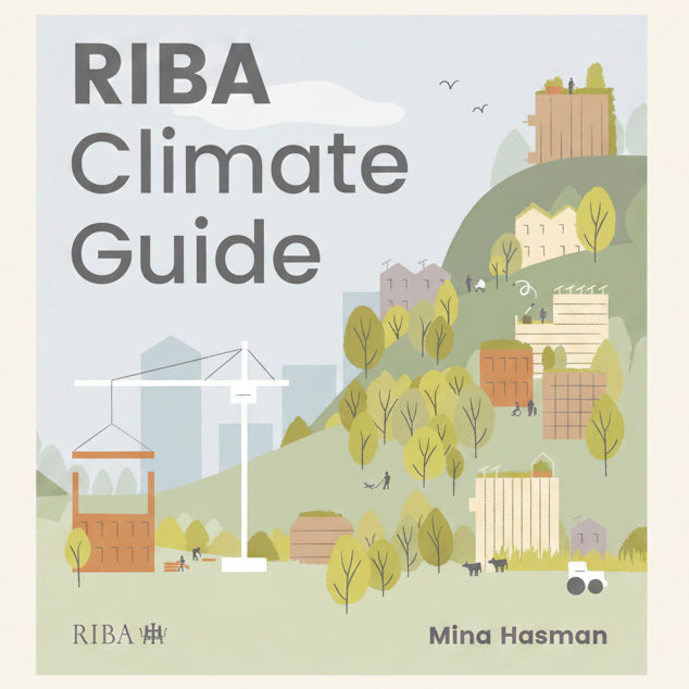 Book cover of 'RIBA Climate Guide' by Mina Hasman with illustrations of buildings and nature.