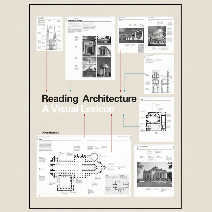 Book cover of 'Reading Architecture: A Visual Lexicon' with architectural diagrams and images.