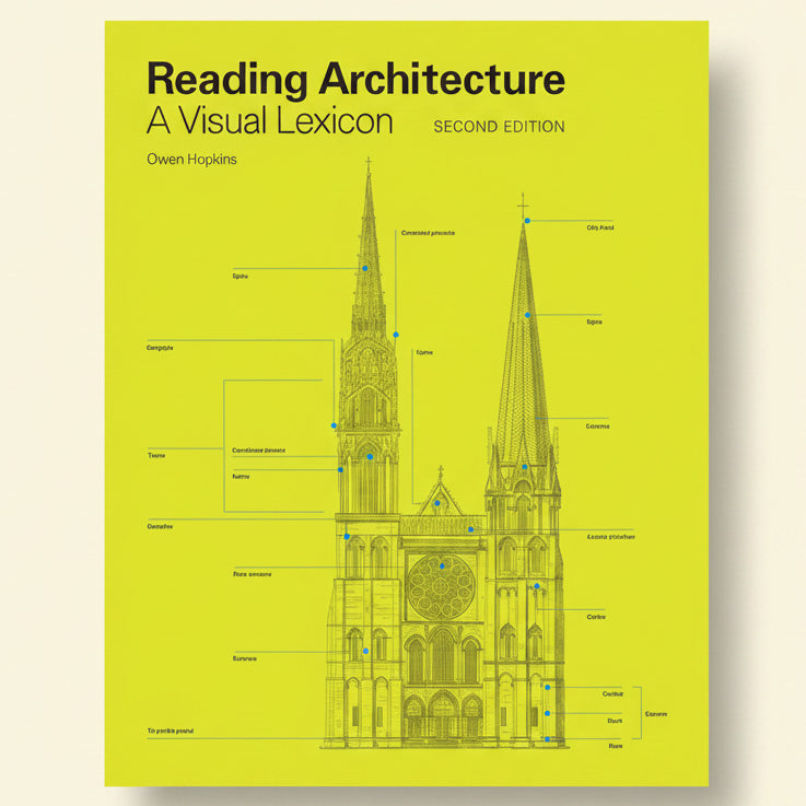 Book cover of 'Reading Architecture: A Visual Lexicon' with architectural diagram on a yellow background