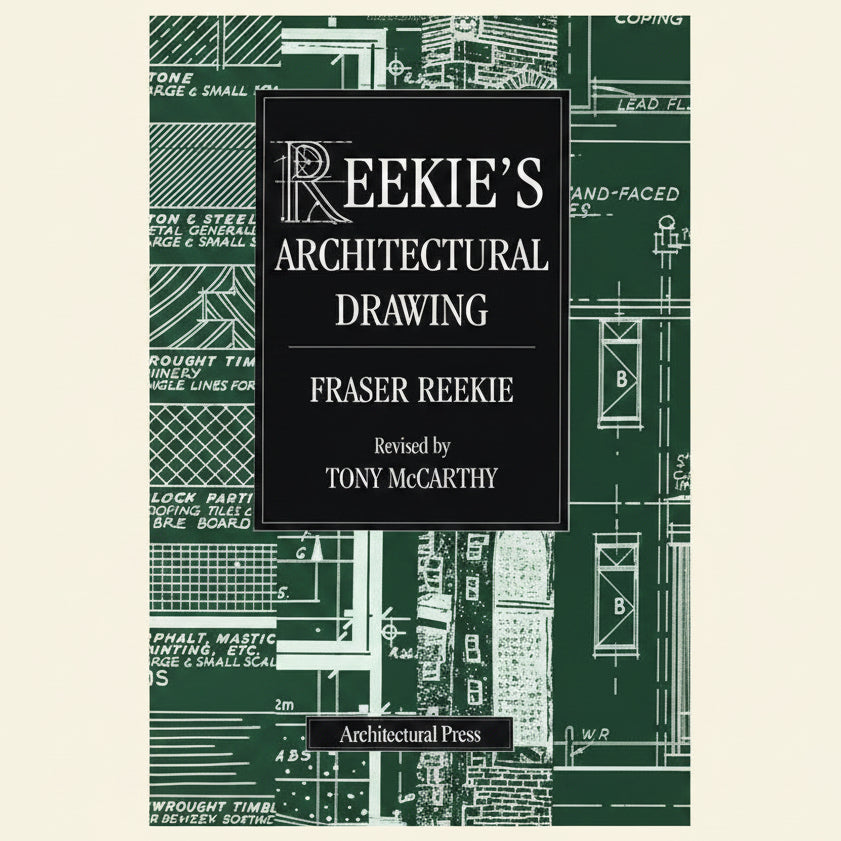 Book cover of 'Reekie's Architectural Drawing' with architectural drawings in the background