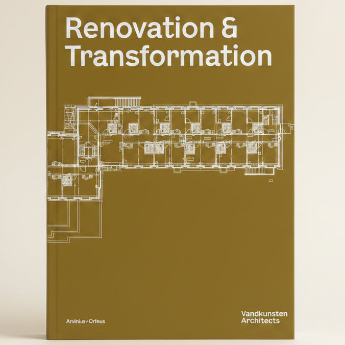 Book cover of 'Renovation & Transformation' by Vandkunsten Architects with architectural floor plan on a brown background.